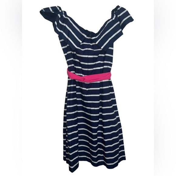 Nwt Eliza J Fit & Flare Pleated Navy Cream Striped Dress Belted Pink Bow Sash 6 - Picture 2 of 8